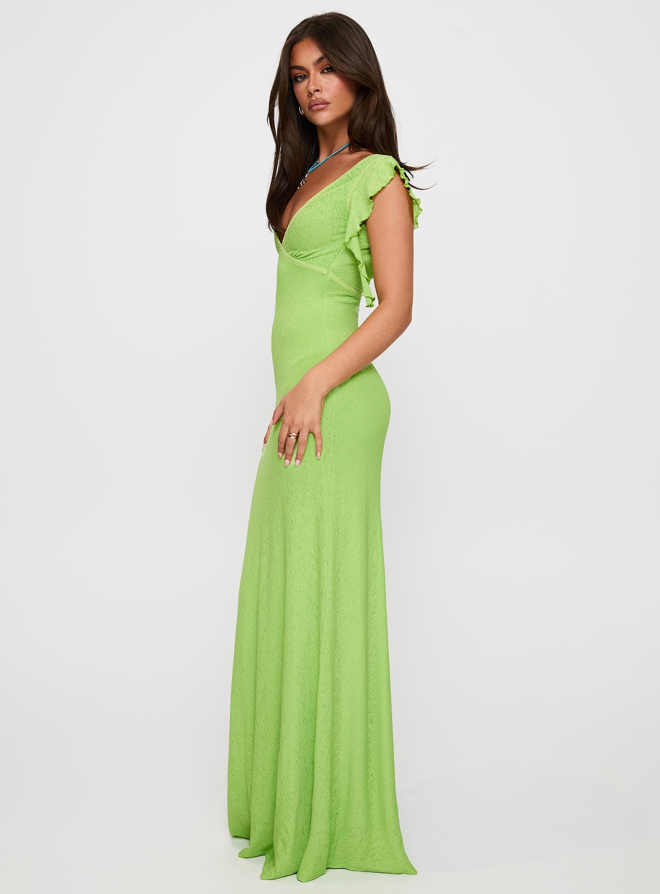side view of model wearing Princess Polly Soleila Maxi Dress Green Tonal Plunger 