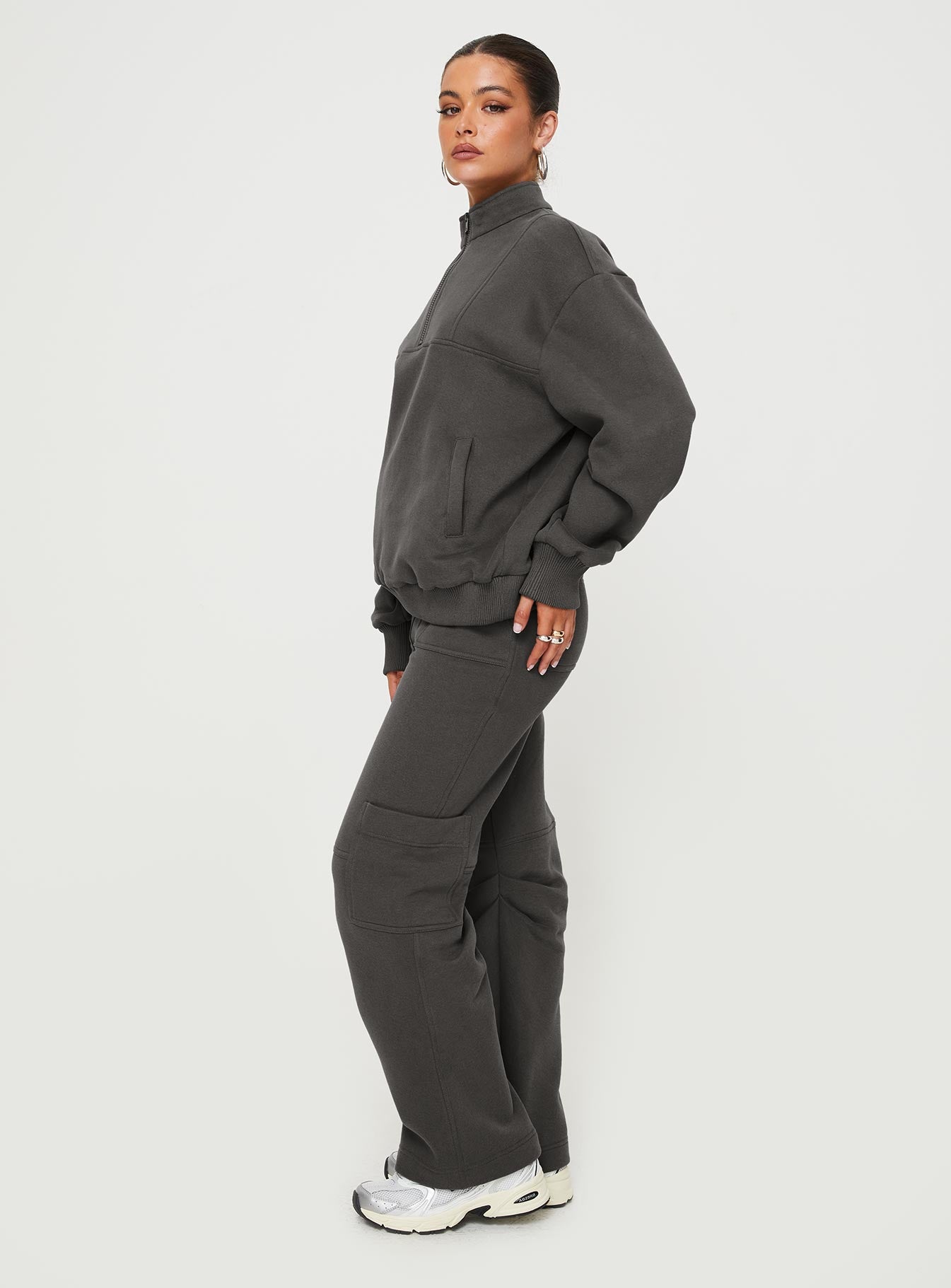 Front view of model wearing  front Princess Polly High Waisted Pants High Waisted Pants High Waisted Pants High Waisted Pants  Derek Track Pants Grey