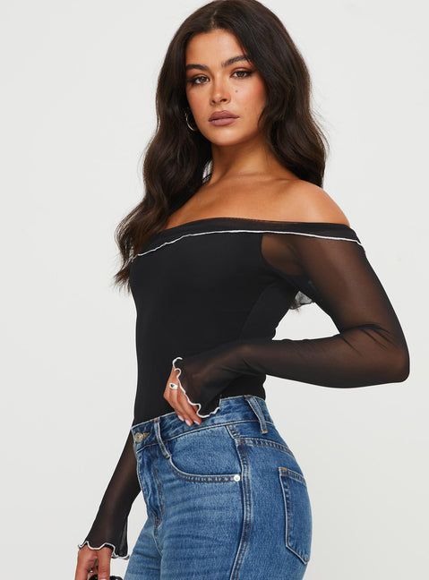 side view of model wearing Princess Polly Arsema Off The Shoulder Bodysuit Black Full Sleeves 