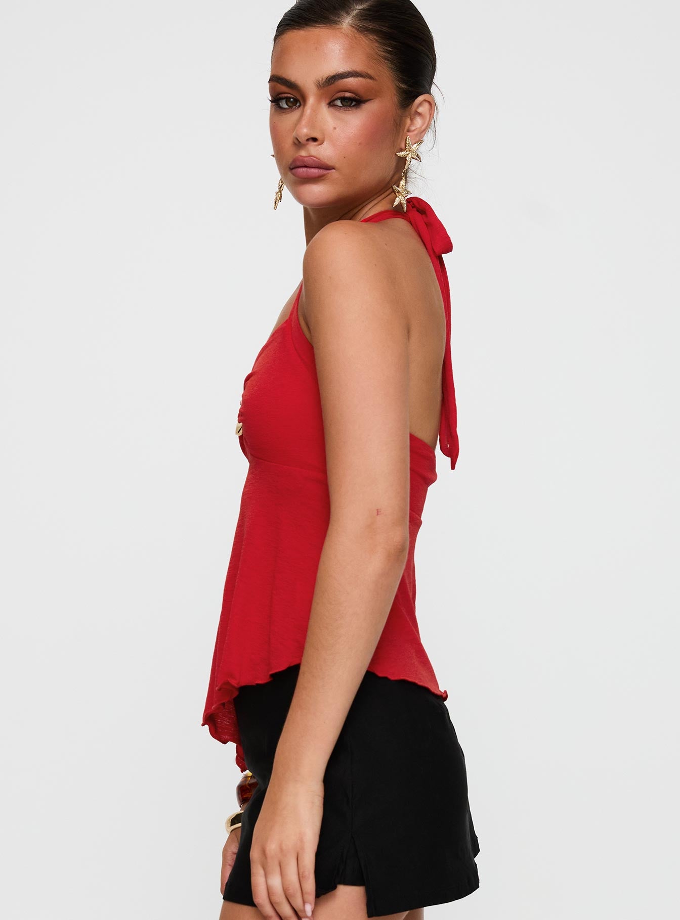 side view of model wearing Princess Polly Attina Hardware Detail Top Red Sleeveless Sweetheart 