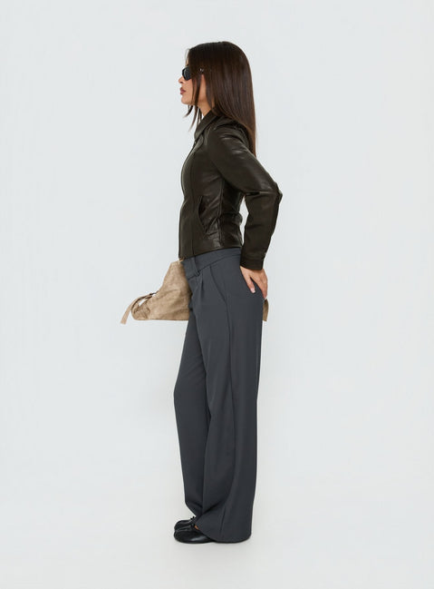 Featuring Two Lovers Low Rise Pants Slate in womens-regular-pants with belt detail side view of model wearing Princess Polly