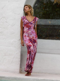 front view of model wearing Princess Polly Soleila Maxi Dress Purple Multi Petite V-Neck 