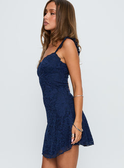 side view of model wearing Princess Polly Beacall Mini Dress Navy Scoop Neck 