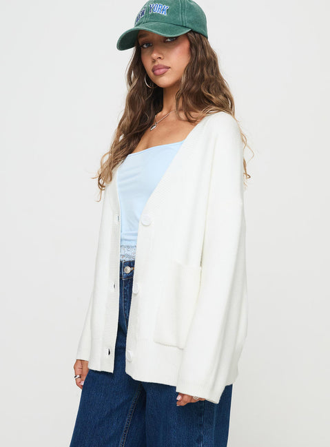side view of model wearing Princess Polly Burke Cardigan White Long 