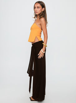   side view of model wearing Princess Polly Caviar Tie Maxi Skirt Chocolate Maxi 