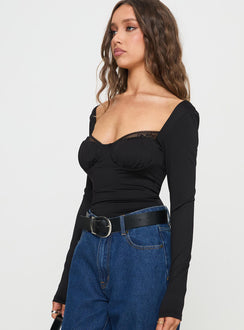 side view of model wearing Princess Polly Peekaboo Long Sleeve Bodysuit Black Full Sleeves Sweetheart 