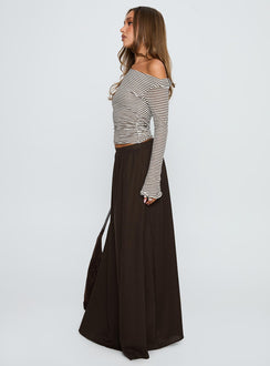   side view of model wearing Princess Polly Hallee Maxi Skirt Brown Maxi 