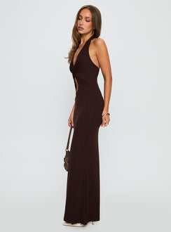 side view of model wearing Princess Polly No Hard Feelings Twist Maxi Dress Brown Plunger 
