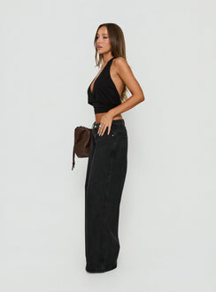Designed with Picco Ultra Low Rise Wide Leg Jeans Washed Black in womens-jeans side view of model wearing
