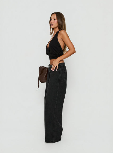 Designed with Picco Ultra Low Rise Wide Leg Jeans Washed Black in womens-jeans side view of model wearing