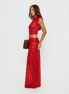   side view of model wearing Princess Polly Vionna Lace Maxi Skirt Red Maxi Skirts 