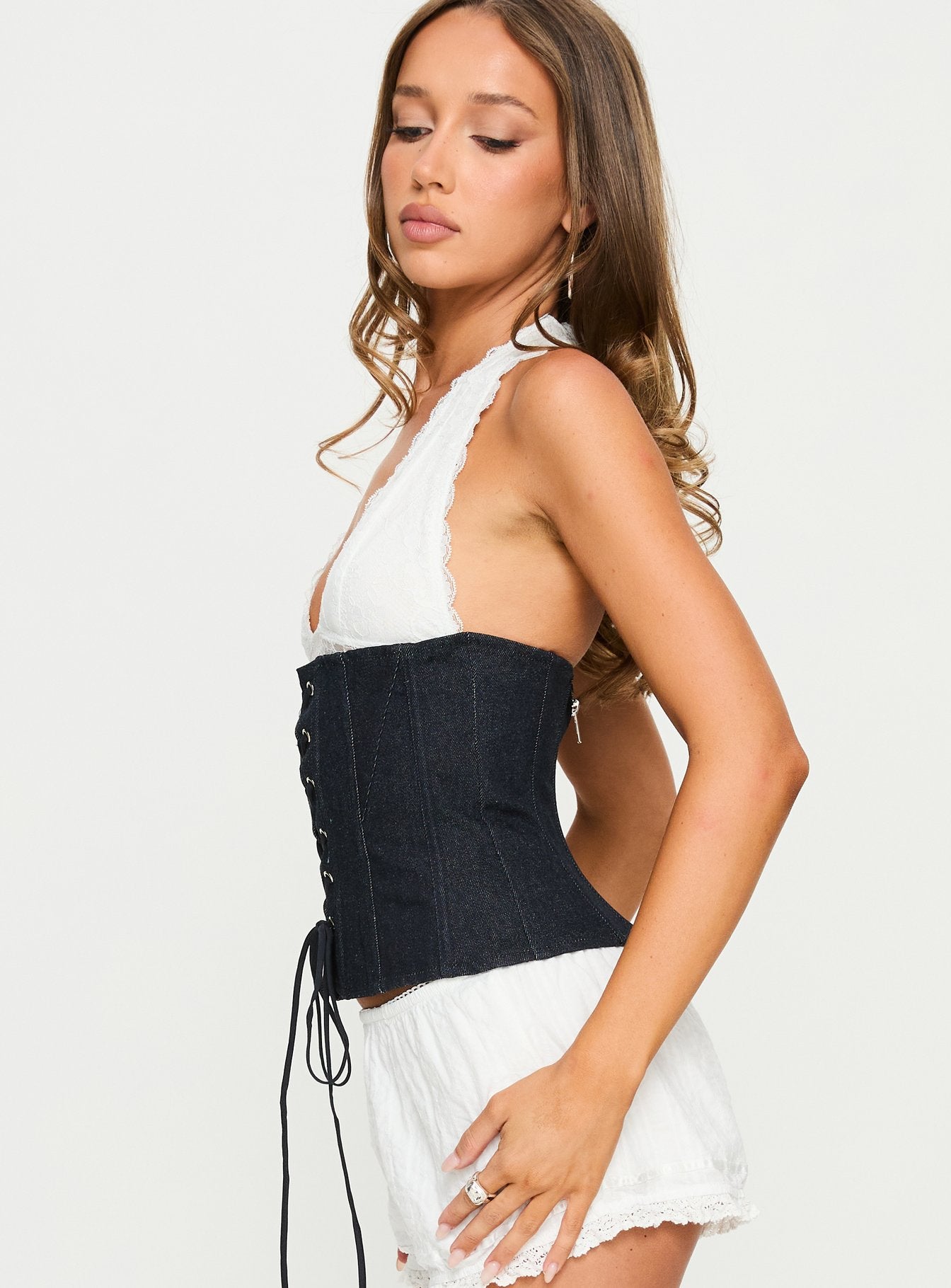 Dreamfields Lace Up Corset Top Dark Denim / White