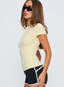 side view of model wearing Princess Polly Torina Button Up Top Lemon Short Sleeves Crew Neck 