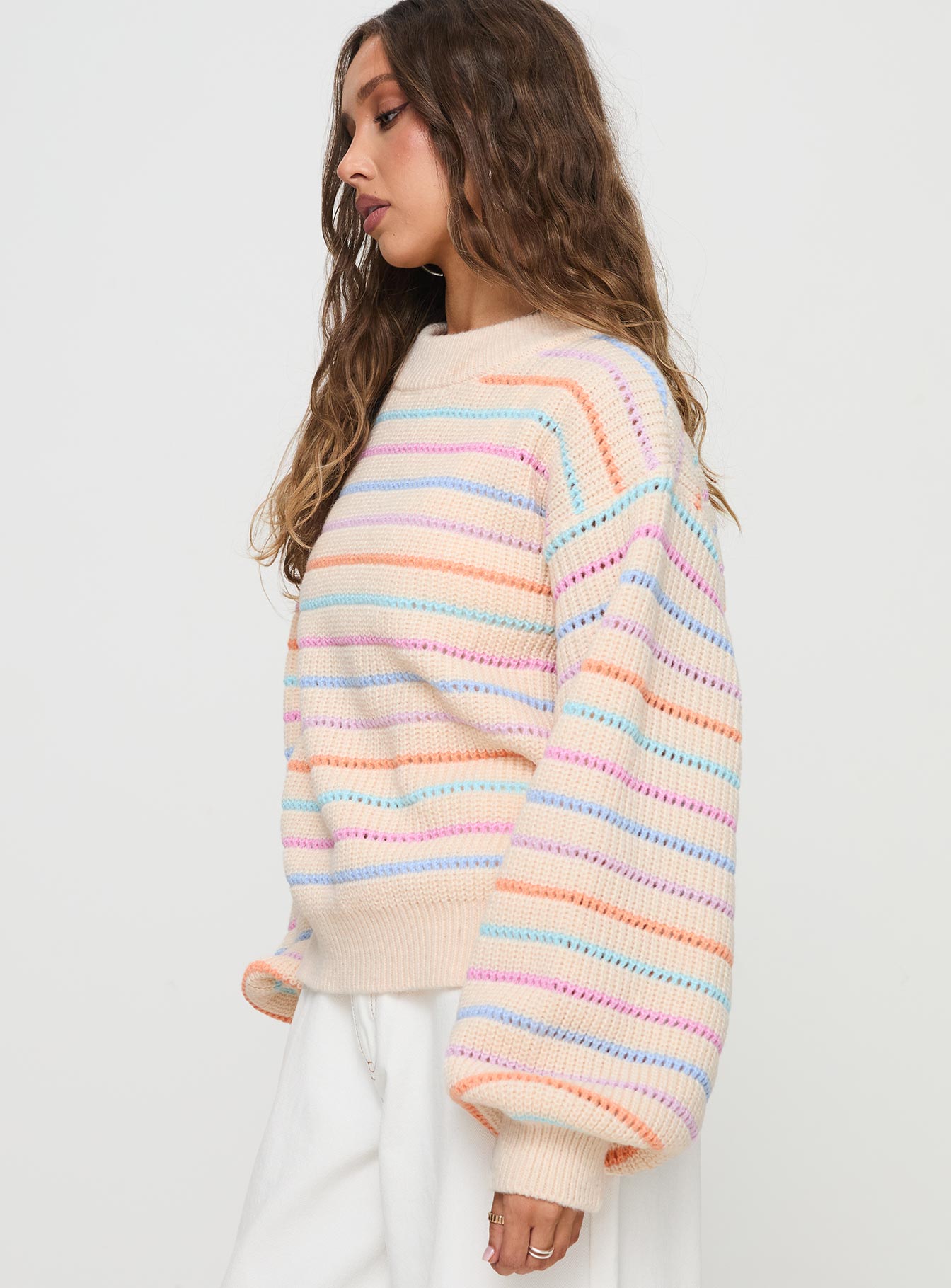 side view of model wearing Princess Polly Harmony Balloon Sleeve Knit Sweater Multi 