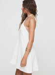 side view of model wearing Princess Polly Thomasina Linen Halter Dress White Plunger 