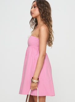 side view of model wearing Princess Polly Osment Strapless Mini Dress Pink Straight Neck 