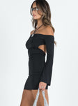 side view of model wearing Princess Polly Dayne Mini Dress Black Straight Neck 