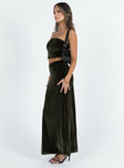 Matching set Velour material Strapless crop top Elasticated band at bust Maxi skirt Good stretch Unlined 