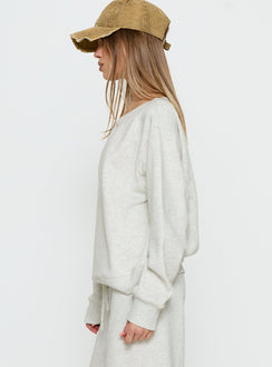 side view of model wearing Princess Polly Wellness Off the Shoulder Jumper Grey Marle 