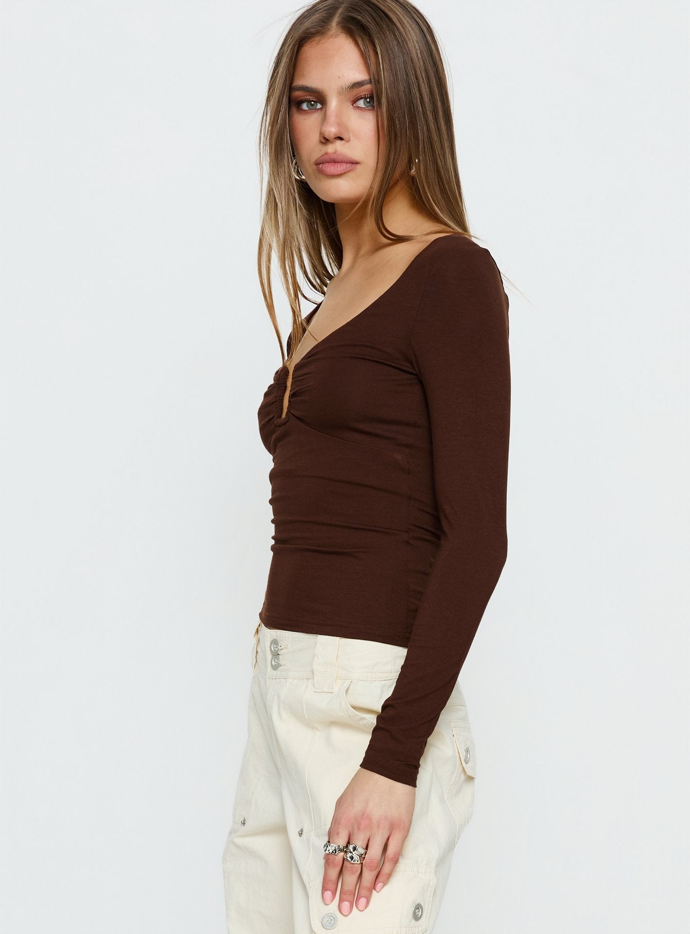 Serelle Langarm-Bustier-Oberteil Schokobraun