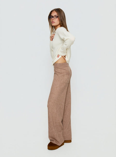 side view of model wearing Princess Polly Bekki Wide Leg Knit Pant Mocha High Rise Pants 