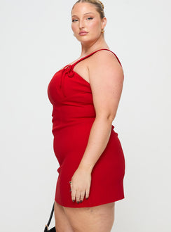 side view of model wearing Princess Polly Lovers Quarrel Mini Dress Red Curve Sweetheart Neckline 