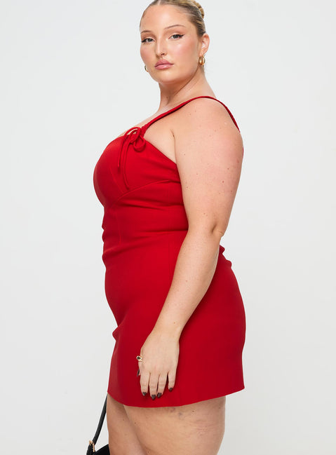 side view of model wearing Princess Polly Lovers Quarrel Mini Dress Red Curve Sweetheart Neckline 