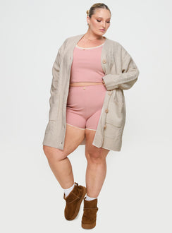 front view of model wearing Princess Polly Cardi Long Sleeve Mini Dress Cream Curve V-Neck 