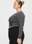 Grey Long sleeve top V neckline, pinched detail at bust