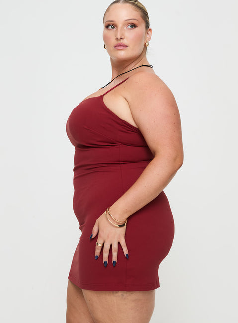 side view of model wearing Princess Polly Serafina Mini Dress Red Curve Square Neck 