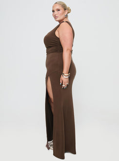 side view of model wearing Princess Polly Rios One Shoulder Maxi Dress Brown Curve Asymmetric Neckline 