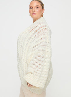 side view of model wearing Princess Polly Abner Cable Cardigan Cream Curve 