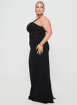 side view of model wearing Princess Polly Mazzola Maxi Dress Black Curve Sweetheart Neckline 