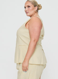 side view of model wearing Princess Polly Days With You Linen Blend Vest Top Sand Curve Sleeveless V-Neck 