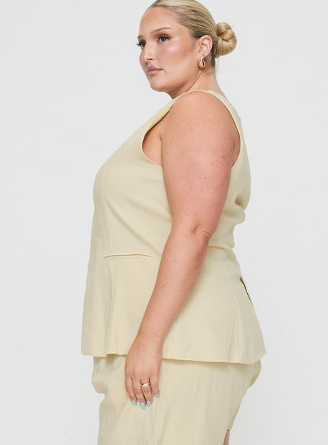 side view of model wearing Princess Polly Days With You Linen Blend Vest Top Sand Curve Sleeveless V-Neck 