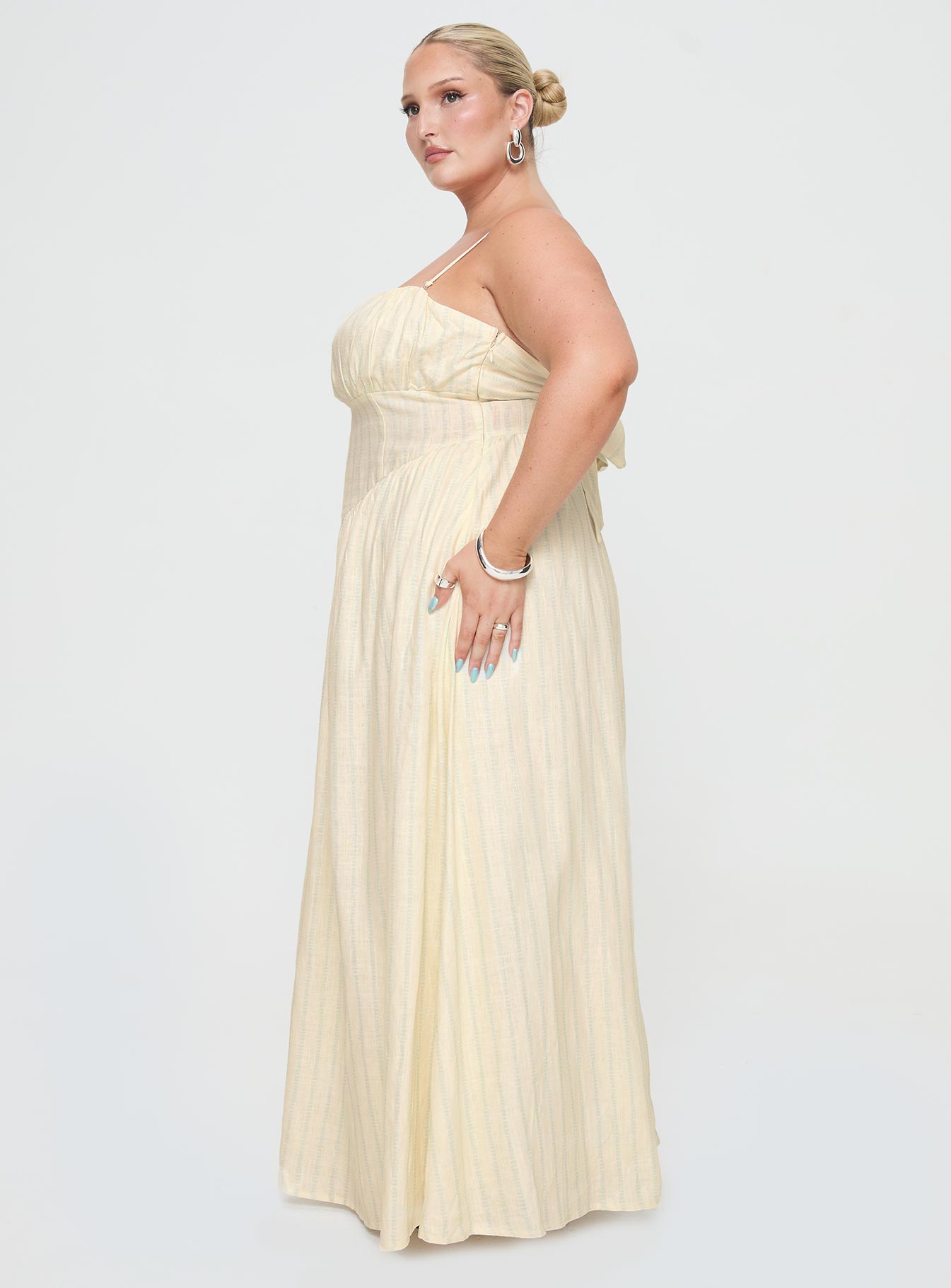 side view of model wearing Princess Polly Slow Dance Linen Blend Maxi Dress Cream / Blue Curve Straight Neck 