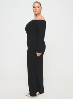 side view of model wearing Princess Polly Korey Off The Shoulder Maxi Dress Black Curve Straight Neck 