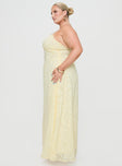 side view of model wearing Princess Polly South Of France Maxi Dress Yellow Curve Square Neck 