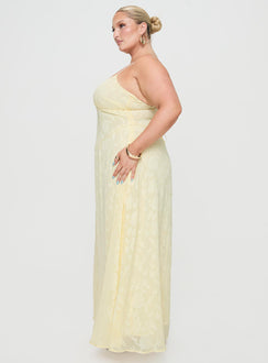 side view of model wearing Princess Polly South Of France Maxi Dress Yellow Curve Square Neck 