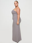 side view of model wearing Princess Polly Arabellia Maxi Dress Grey Curve V-Neck 