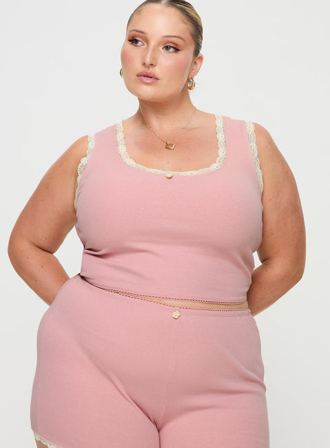 Riley Matching sleep set Tank style top, ribbed material, lace trim with flower detail, elasticated waistband