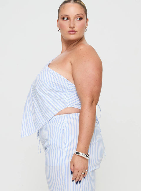 side view of model wearing Princess Polly Collied Asymmetric Top Blue / White Stripe Curve Sleeveless Asymmetric Neckline 