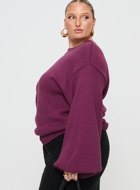 side view of model wearing Princess Polly Harmony Knit Sweater Burgundy Curve regular 