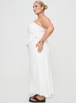   side view of model wearing Princess Polly Ermias Linen Blend Midi Skirt White Curve Maxi 