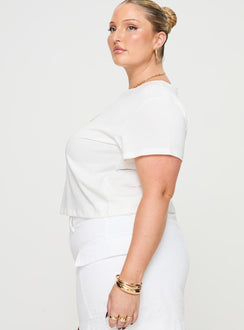 side view of model wearing Princess Polly Arri Top White Curve Short Sleeves Crew Neck 