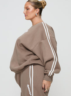 side view of model wearing Princess Polly Princess Polly Crew Neck Sweatshirt Stripe Taupe / White Curve 