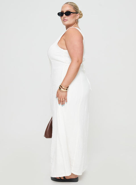 Summer Season Linen Blend Maxi Dress White Curve V-Neck 