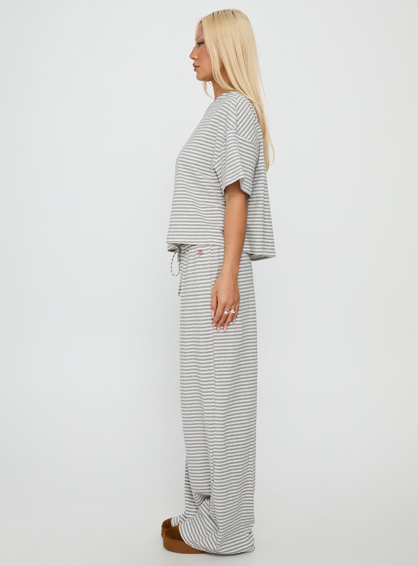 Tobie Off Shoulder Sleep Set Grey Stripe