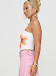 side view of model wearing Princess Polly Huxlee One Shoulder Top White Floral Sleeveless Asymmetric Neckline 