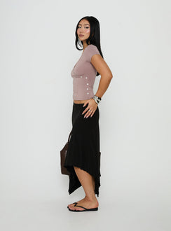 Styled with the Futura Asymmetrical Midi Skirt Black in womens-skirts with midi-length side view of model wearing Princess Polly